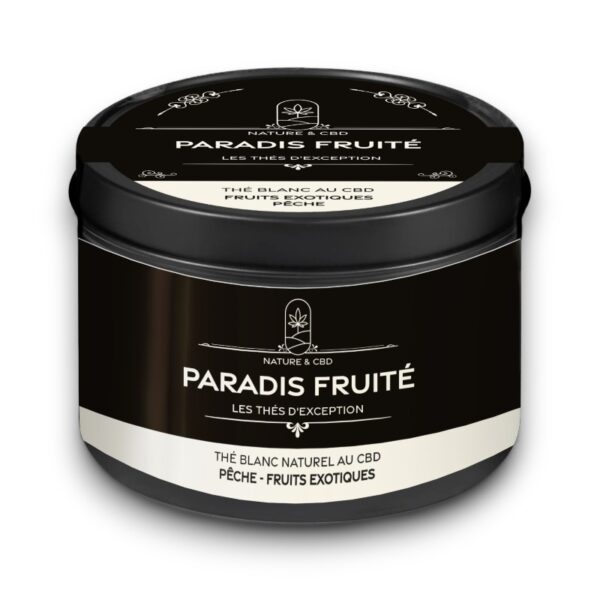 oîte de thé blanc CBD Paradis Fruité de Nature & CBD, saveur pêche et fruit de la passion